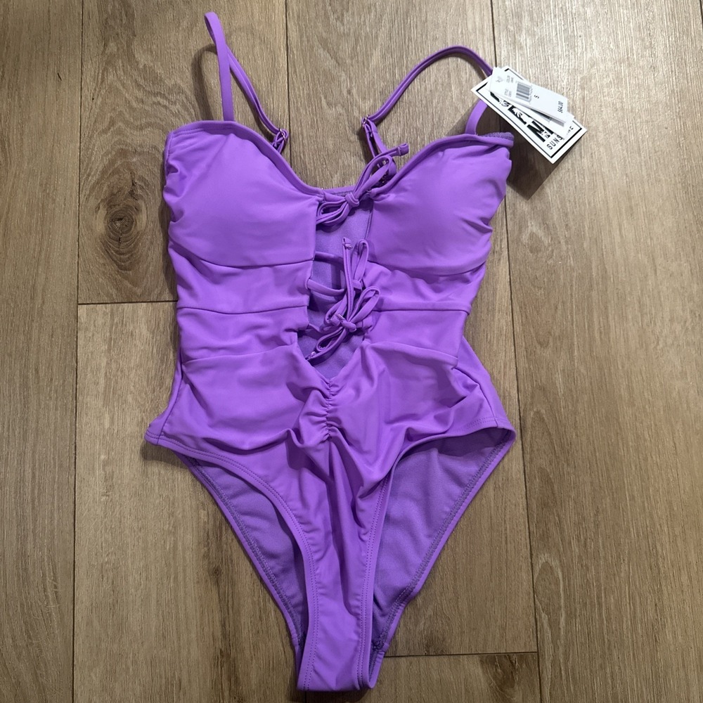 California Sunshine Women's 1 Piece Open Front Tie Bathing‎ Suit Purple Sexy Med
